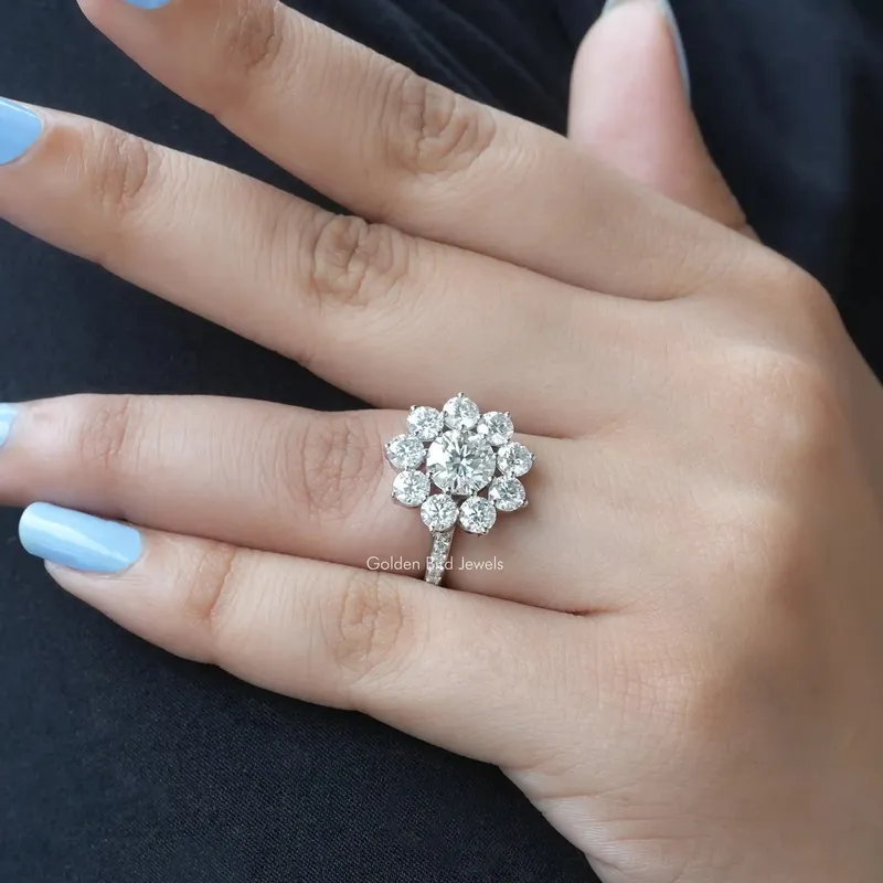 Round Cut Moissanite Floral Halo Engagement Ring view 7