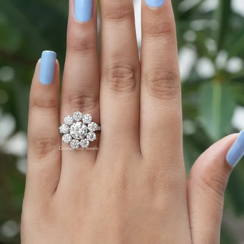 Round Cut Moissanite Floral Halo Engagement Ring view 4