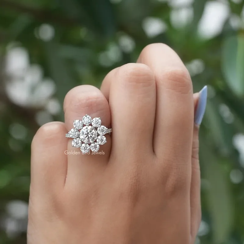 Round Cut Moissanite Floral Halo Engagement Ring view 3