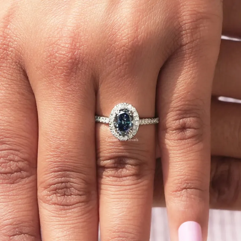 Sapphire Blue Oval Cut Halo Engagement Ring view 8