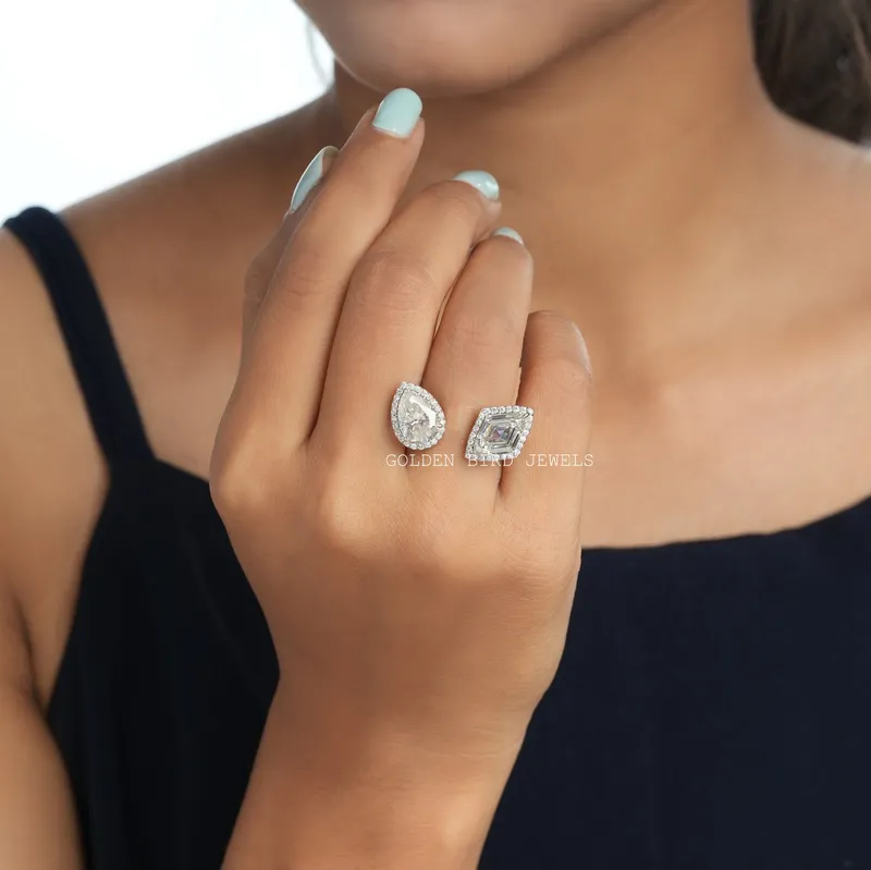 Step Cut Marquise Moissanite Halo Ring vy 2