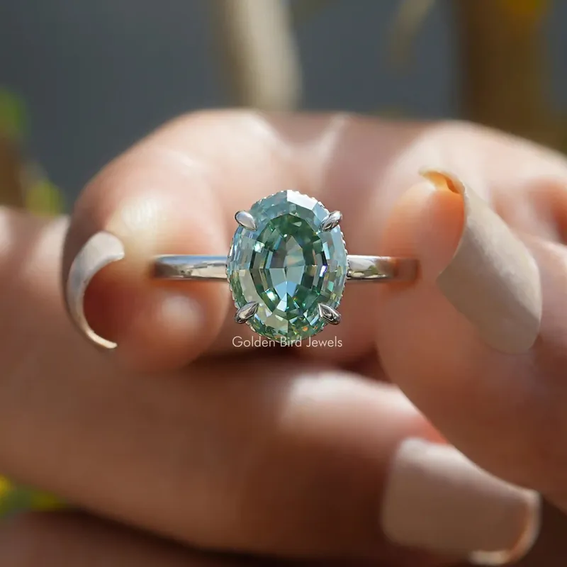 Step Cut Oval Hidden Halo Solitaire Ring blue oval cut engagement ring