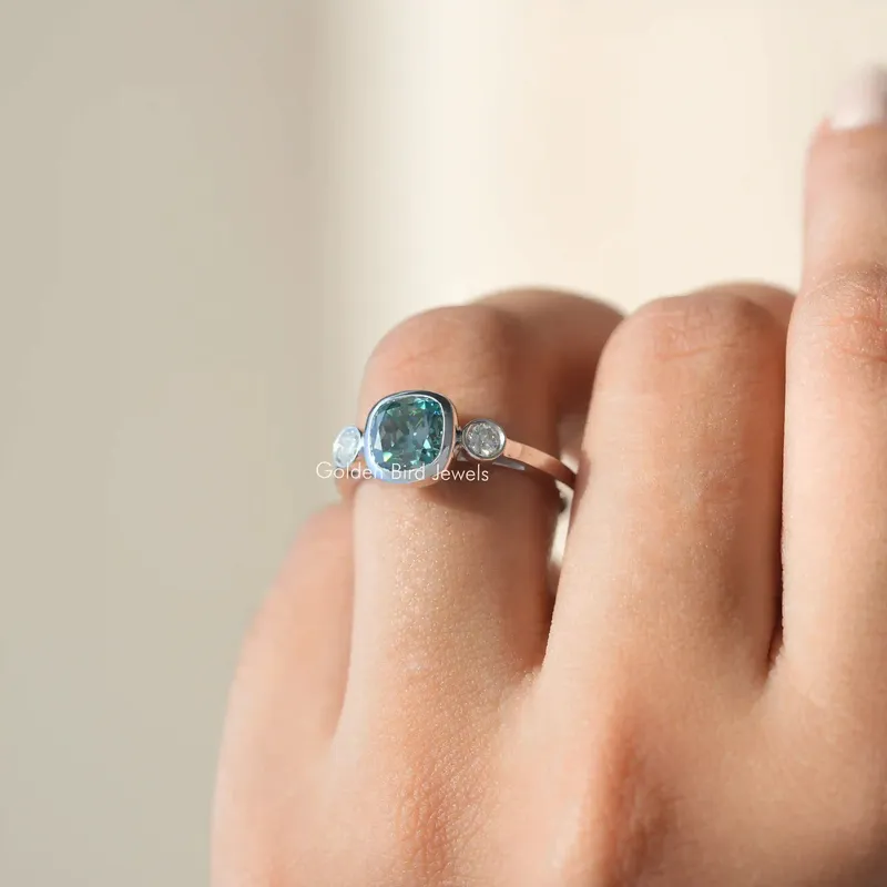 Three Stone Cushion Cut Moissanite Engagement Ring vy 7