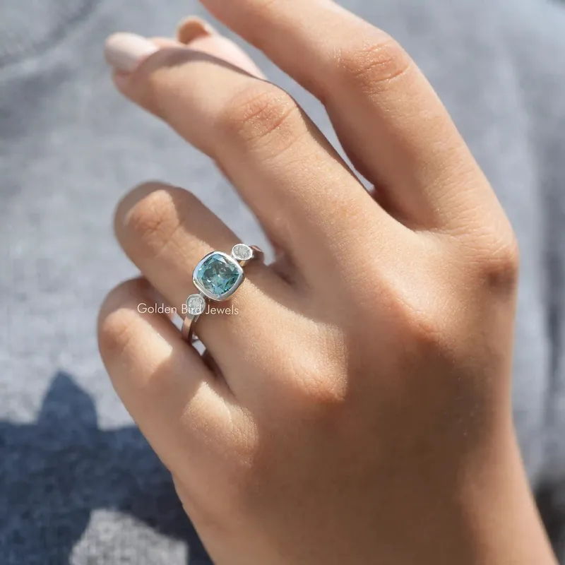 Three Stone Cushion Cut Moissanite Engagement Ring vy 8