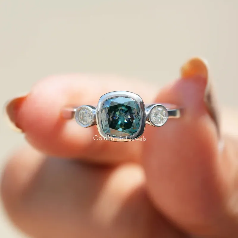 Three Stone Cushion Cut Moissanite Engagement Ring blue cushion cut engagement ring
