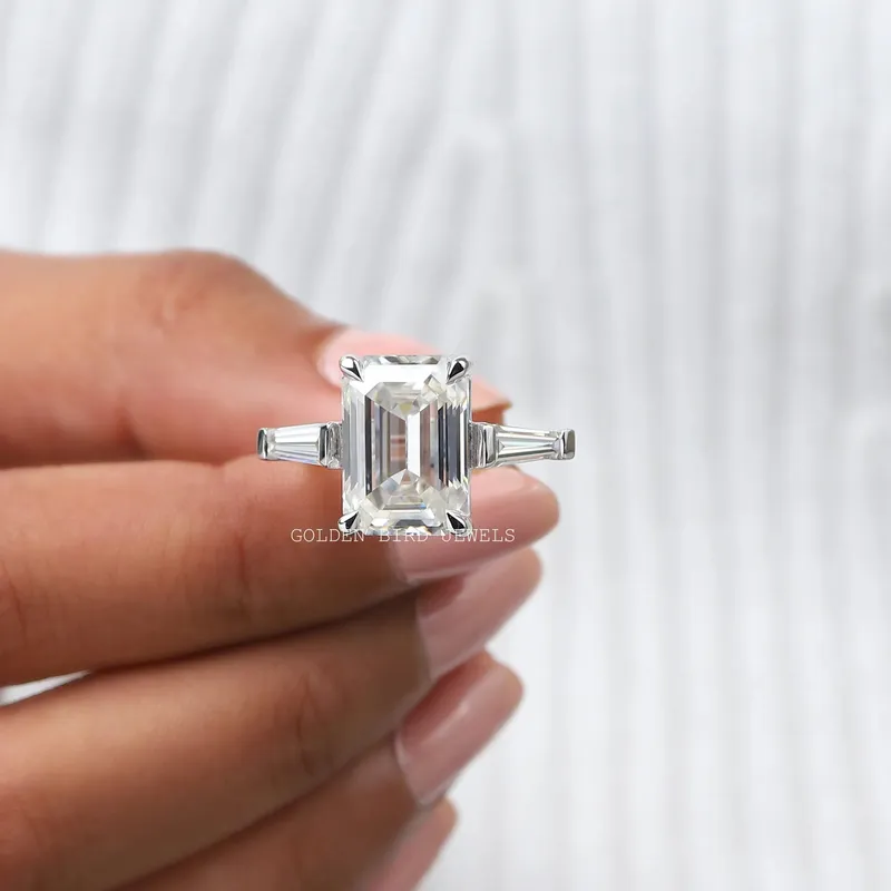 Three Stone Emerald Cut Moissanite Anniversary Ring view 3