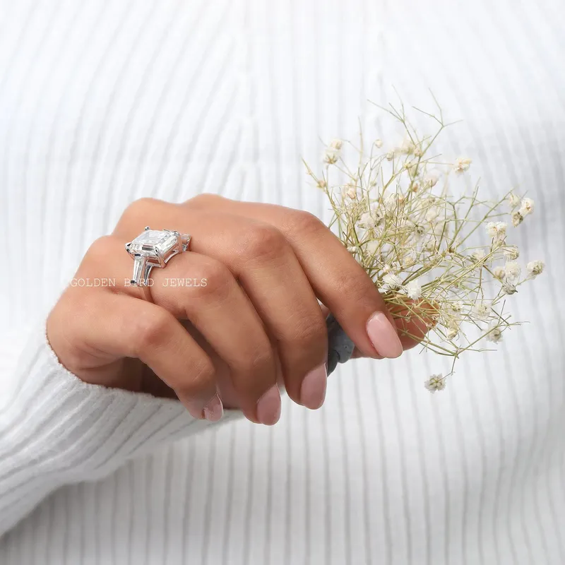 Three Stone Emerald Cut Moissanite Anniversary Ring view 4