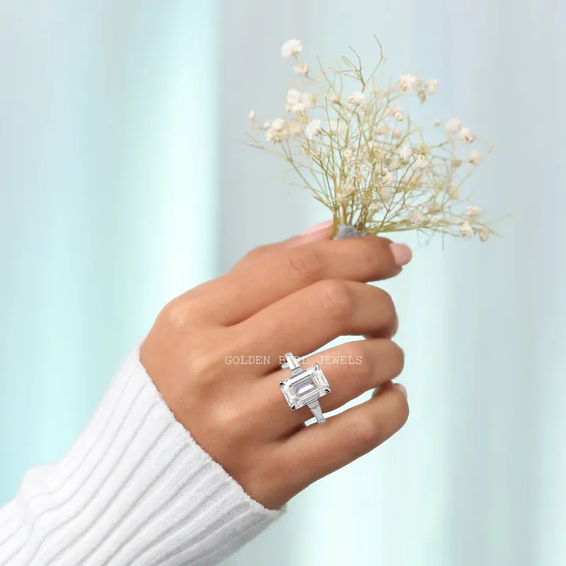 Three Stone Emerald Cut Moissanite Anniversary Ring view 2