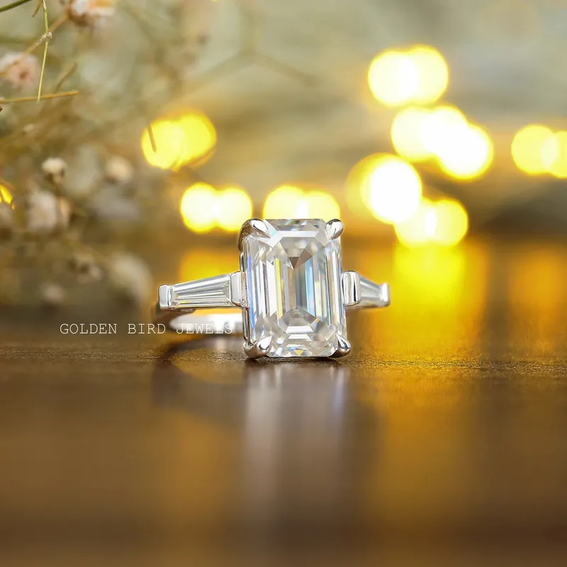 Three Stone Emerald Cut Moissanite Anniversary Ring view 5