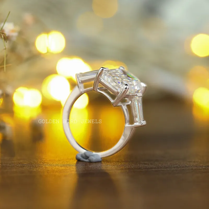 Three Stone Emerald Cut Moissanite Anniversary Ring view 9