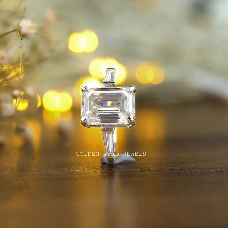Three Stone Emerald Cut Moissanite Anniversary Ring view 6