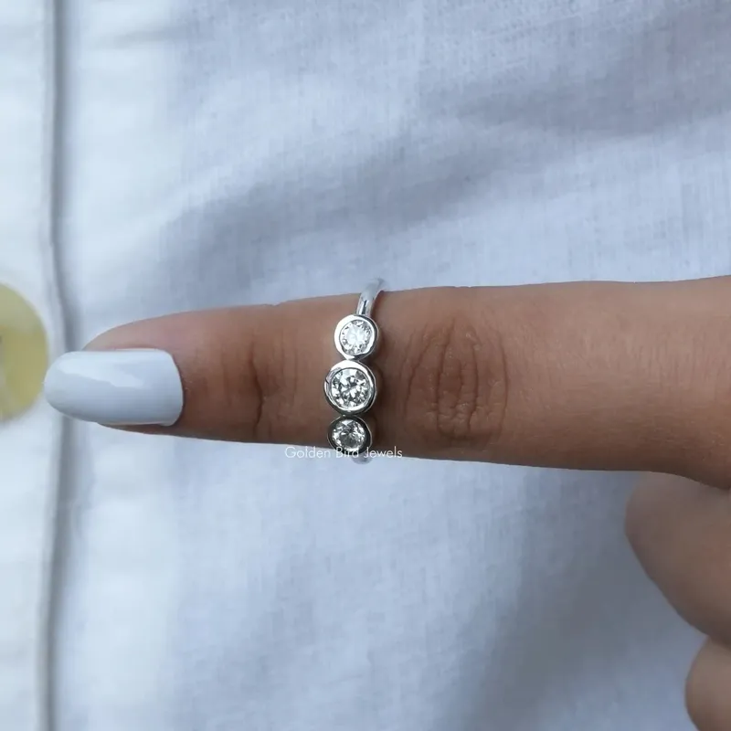 Three Stone Round Cut Moissanite Bezel Set Proposal Ring view 6