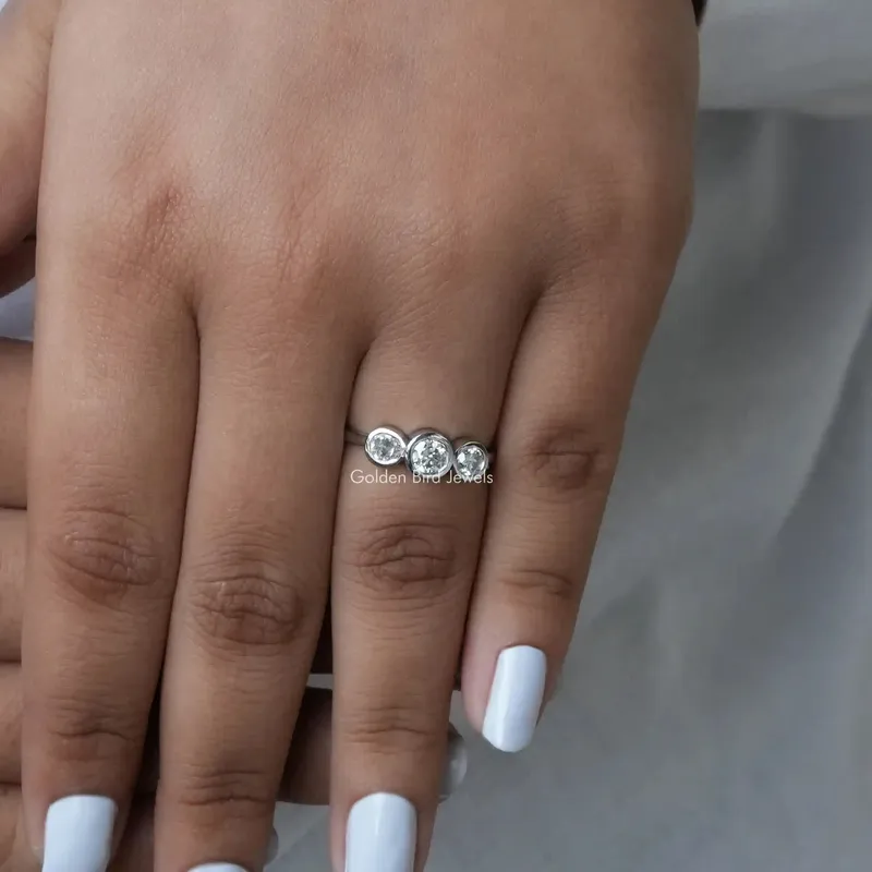Three Stone Round Cut Moissanite Bezel Set Proposal Ring view 5