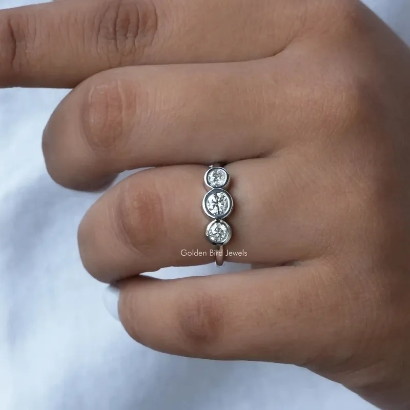 Three Stone Round Cut Moissanite Bezel Set Proposal Ring view 7