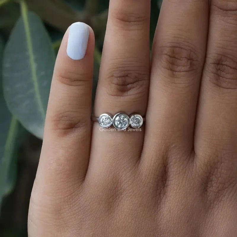 Three Stone Round Cut Moissanite Bezel Set Proposal Ring view 4