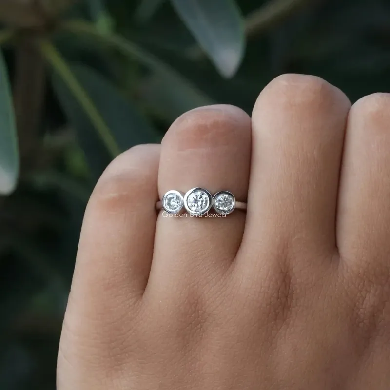Three Stone Round Cut Moissanite Bezel Set Proposal Ring view 3