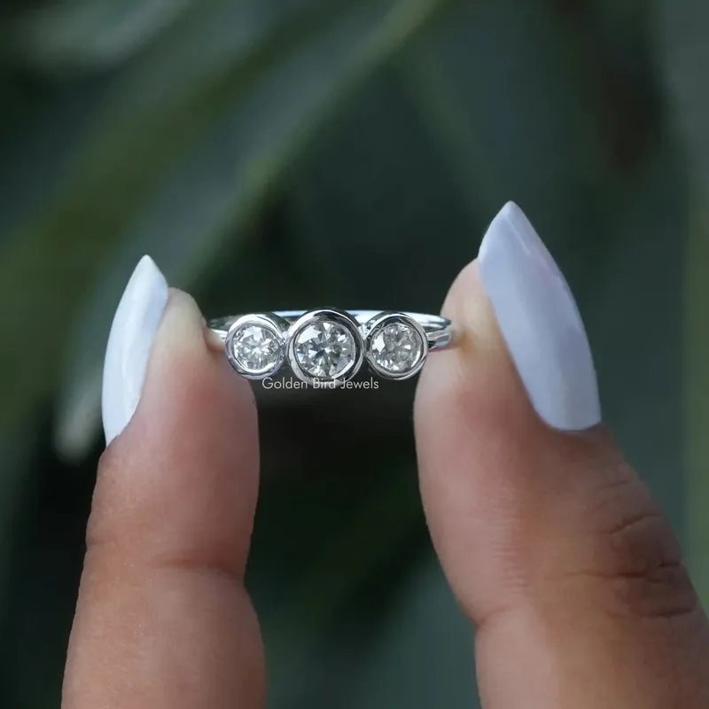 Three Stone Round Cut Moissanite Bezel Set Proposal Ring round cut engagement ring