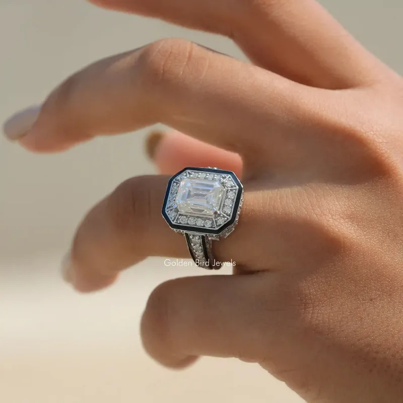 Unique Emerald Cut Moissanite Halo Ring vy 3