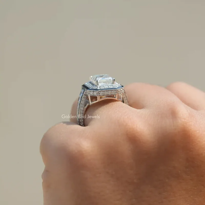 Unique Emerald Cut Moissanite Halo Ring vy 6
