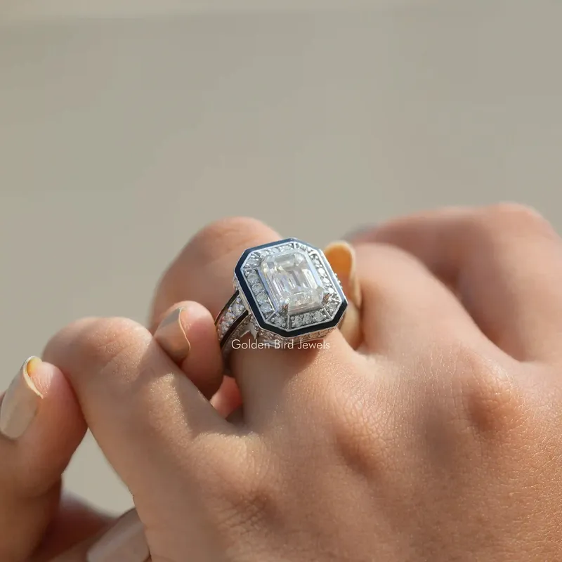 Unique Emerald Cut Moissanite Halo Ring vy 4