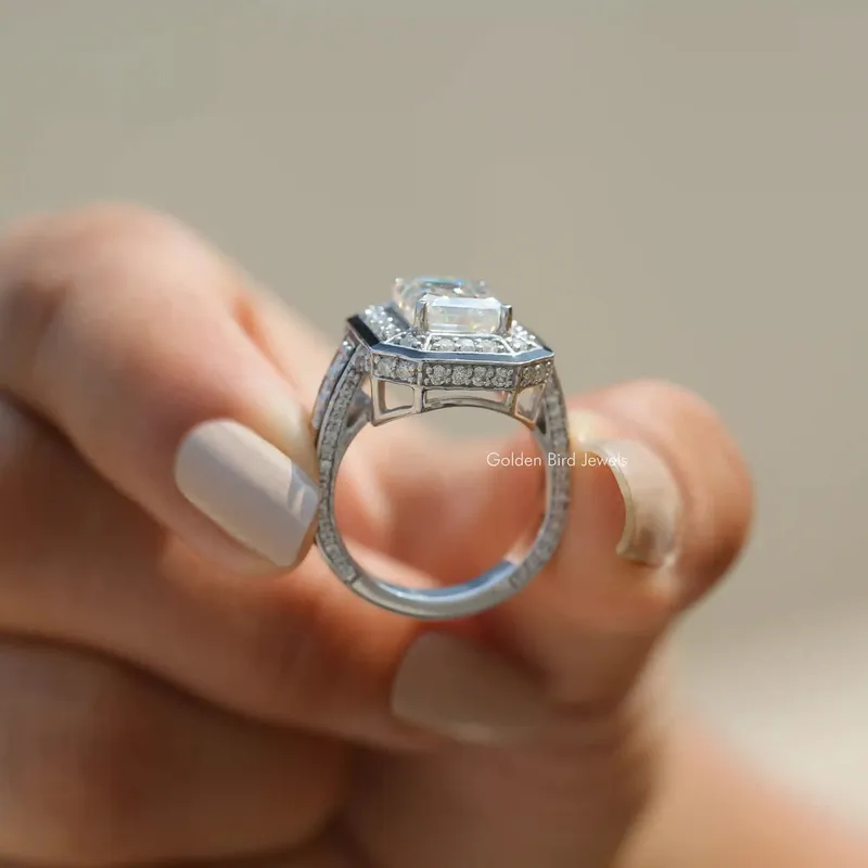 Unique Emerald Cut Moissanite Halo Ring vy 7