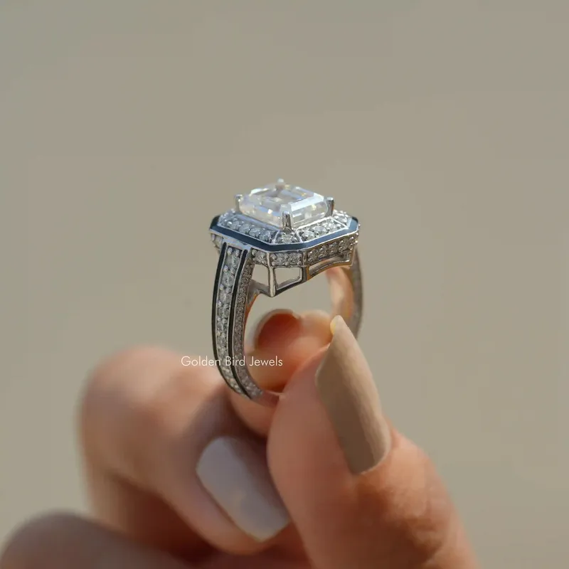 Unique Emerald Cut Moissanite Halo Ring vy 8