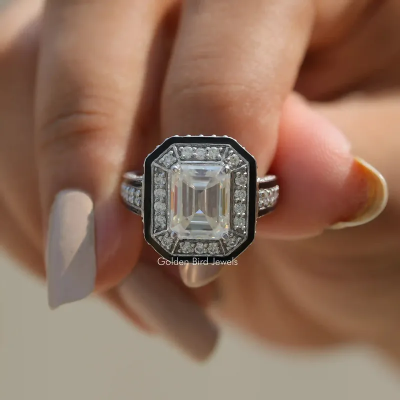 Unique Emerald Cut Moissanite Halo Ring emerald emerald cut engagement ring