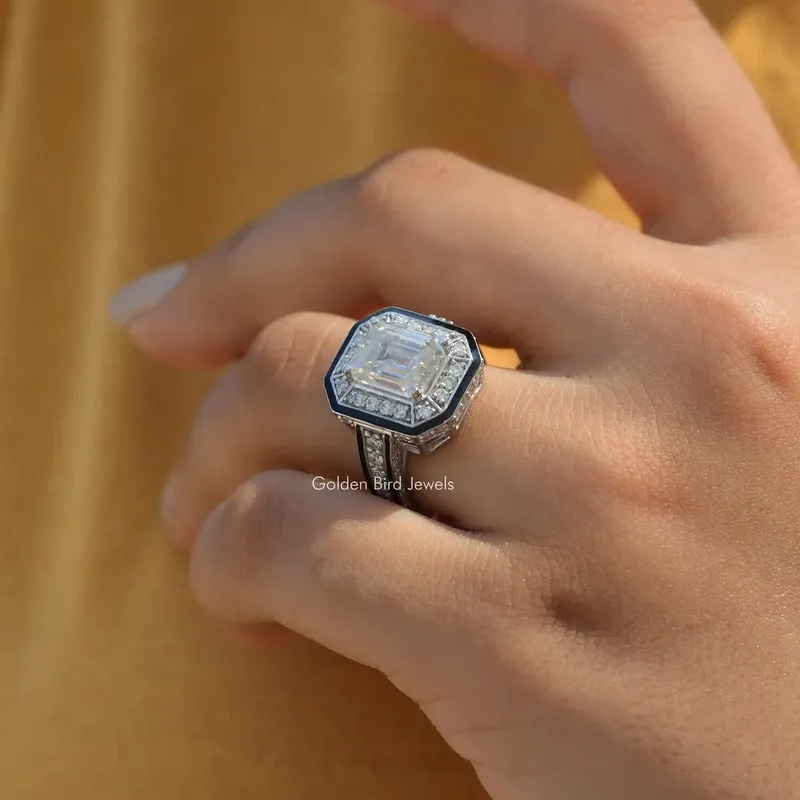 Unique Emerald Cut Moissanite Halo Ring vy 5