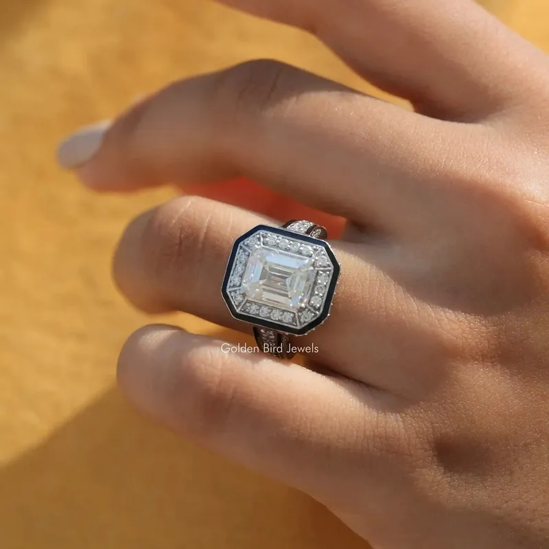 Unique Emerald Cut Moissanite Halo Ring vy 2