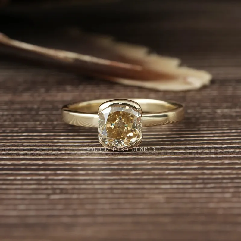 Yellow Cushion Moissanite Half Bezel Solitaire Ring cushion cut engagement ring