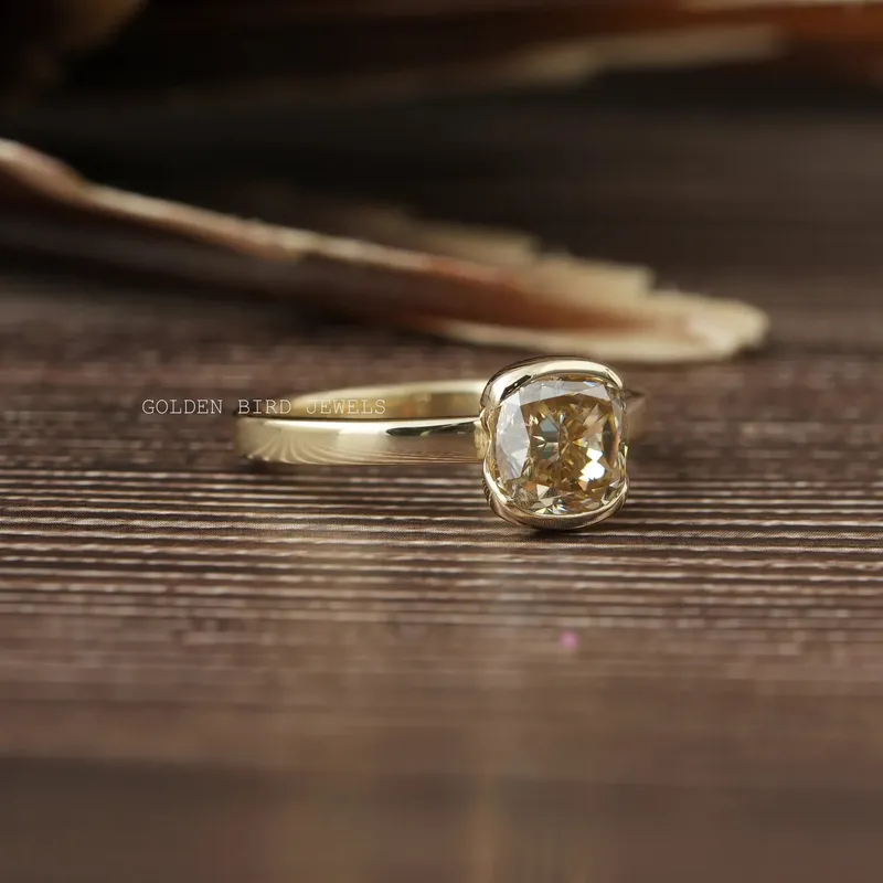 Yellow Cushion Moissanite Half Bezel Solitaire Ring view 7