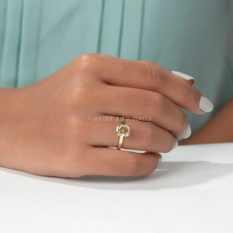 Yellow Cushion Moissanite Half Bezel Solitaire Ring view 3