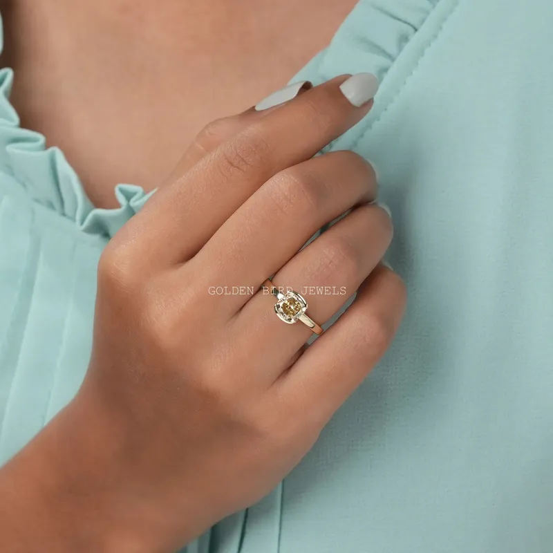 Yellow Cushion Moissanite Half Bezel Solitaire Ring view 2