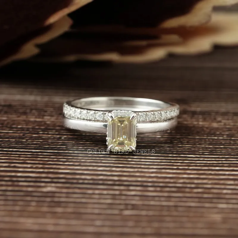 Yellow Emerald Cut Moissanite Ring Set yellow emerald emerald cut engagement ring