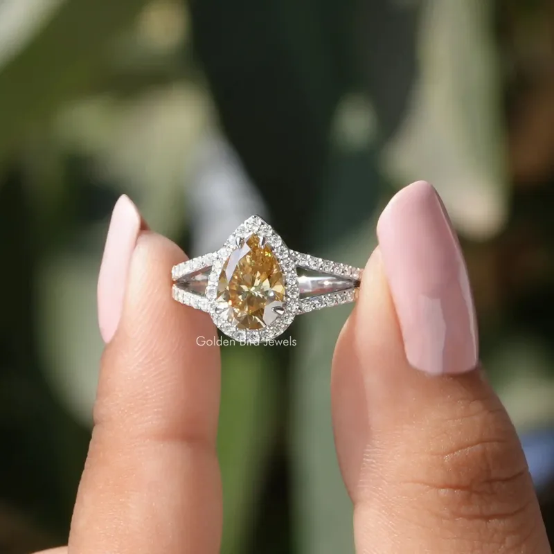 Yellow Pear Moissanite Halo Engagement Ring yellow pear cut engagement ring