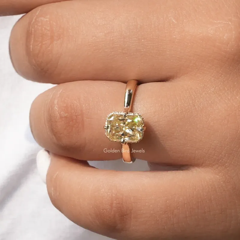 Yellow Radiant Cut Moissanite Hidden Halo Engagement Ring view 4
