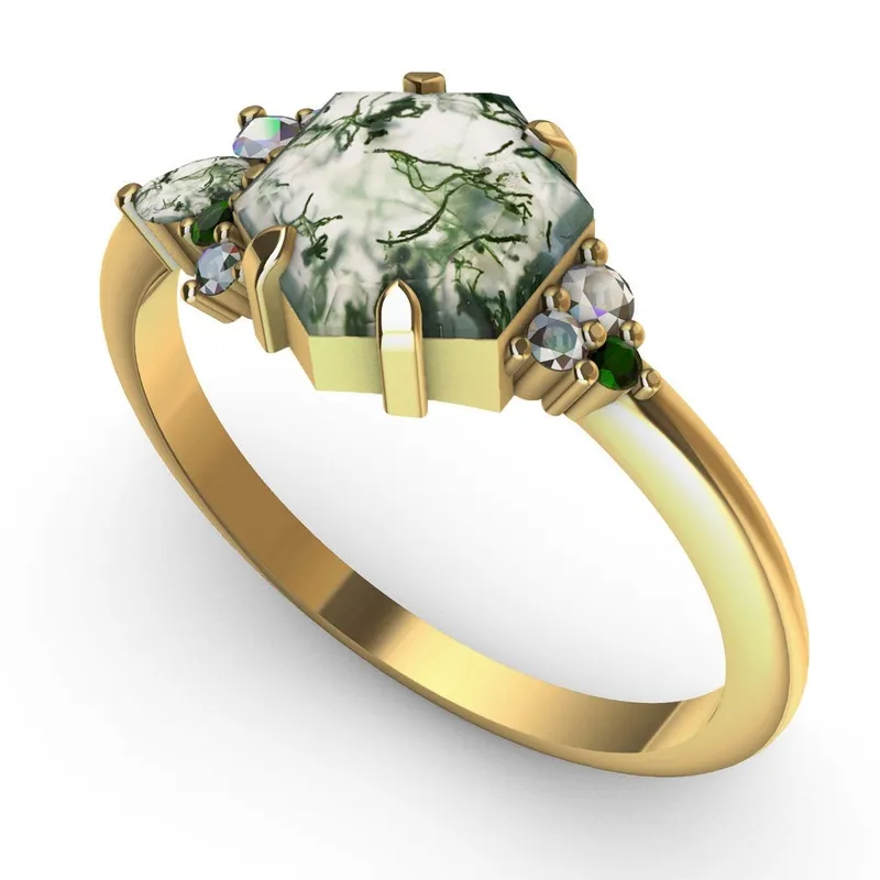 Grace Hexagon Moss Agate Ring With Accent Stones view 2