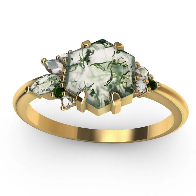 Grace Hexagon Moss Agate Ring With Accent Stones view 3