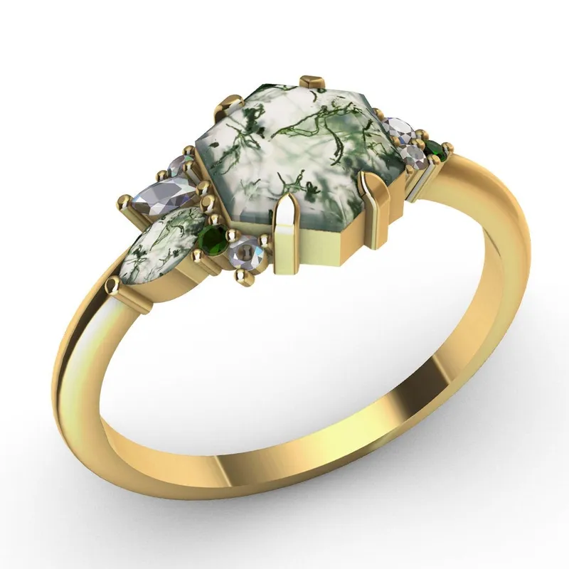 Grace Hexagon Moss Agate Ring With Accent Stones view 4