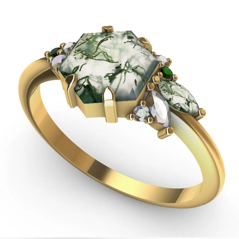Grace Hexagon Moss Agate Ring With Accent Stones view 5
