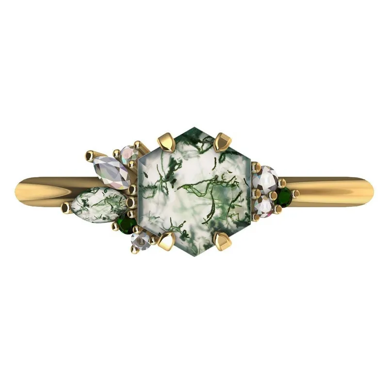 Grace Hexagon Moss Agate Ring With Accent Stones green engagement ring