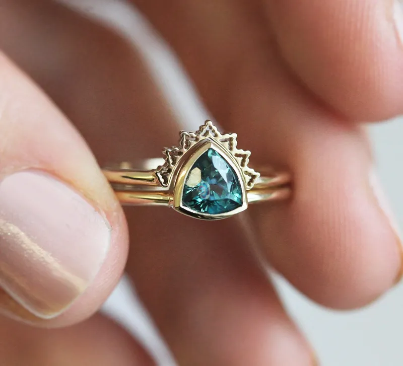 Green Blue Sapphire Solitaire Ring With Gold Lace Band sapphire engagement ring