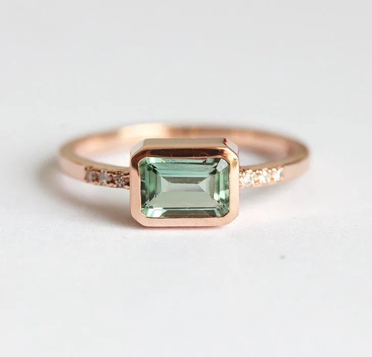 Green Tourmaline Ring, Pave Diamond Ring vy 2