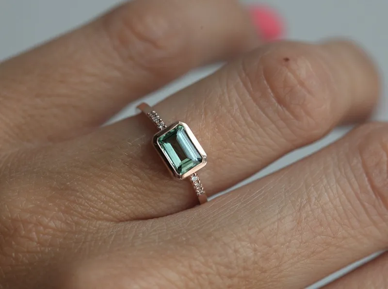 Green Tourmaline Ring, Pave Diamond Ring vy 3