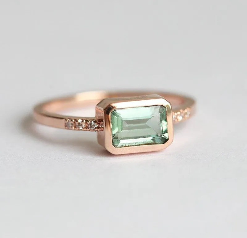 Green Tourmaline Ring, Pave Diamond Ring vy 4