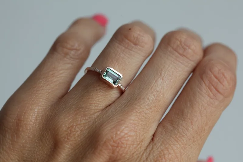 Green Tourmaline Ring, Pave Diamond Ring vy 5