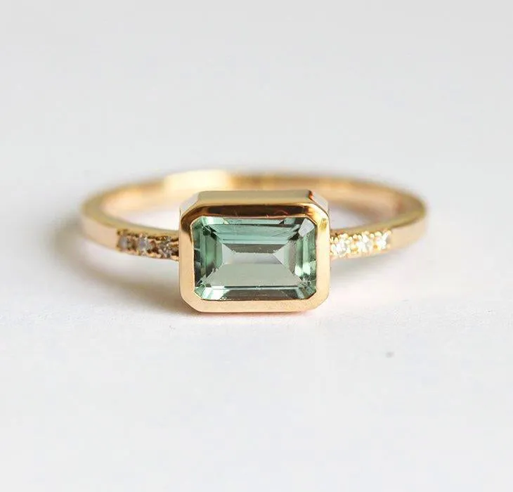 Green Tourmaline Ring, Pave Diamond Ring vy 6