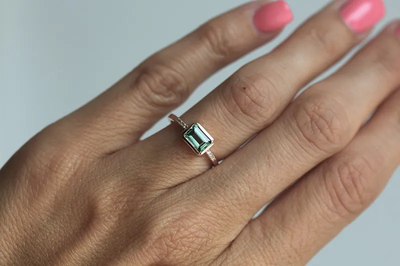 Green Tourmaline Ring, Pave Diamond Ring emerald emerald cut engagement ring