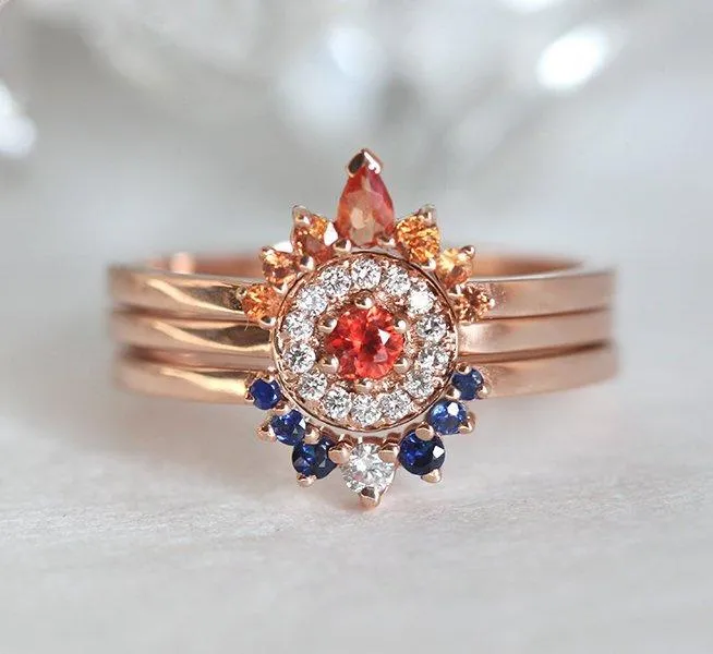 Halo Diamond Sapphire Ring Set, Sunset Ring Set sapphire round cut engagement ring