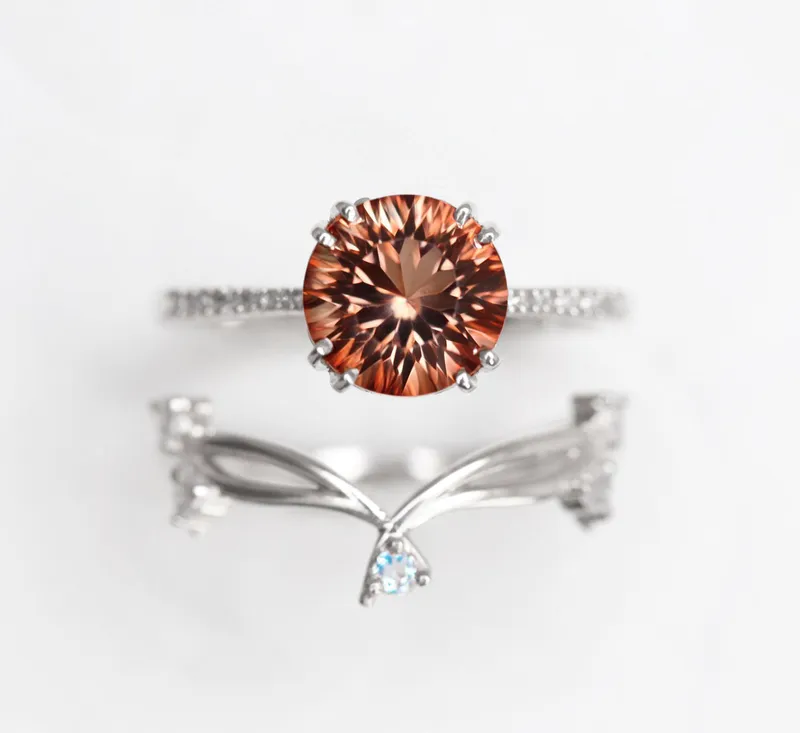 HAILEY OREGON SUNSTONE RING SET, ROUND GEMSTONE ENGAGEMENT RING WITH TWIG MOONSTONE STACKING RING, SUNSTONE ENGAGEMENT RING view 11